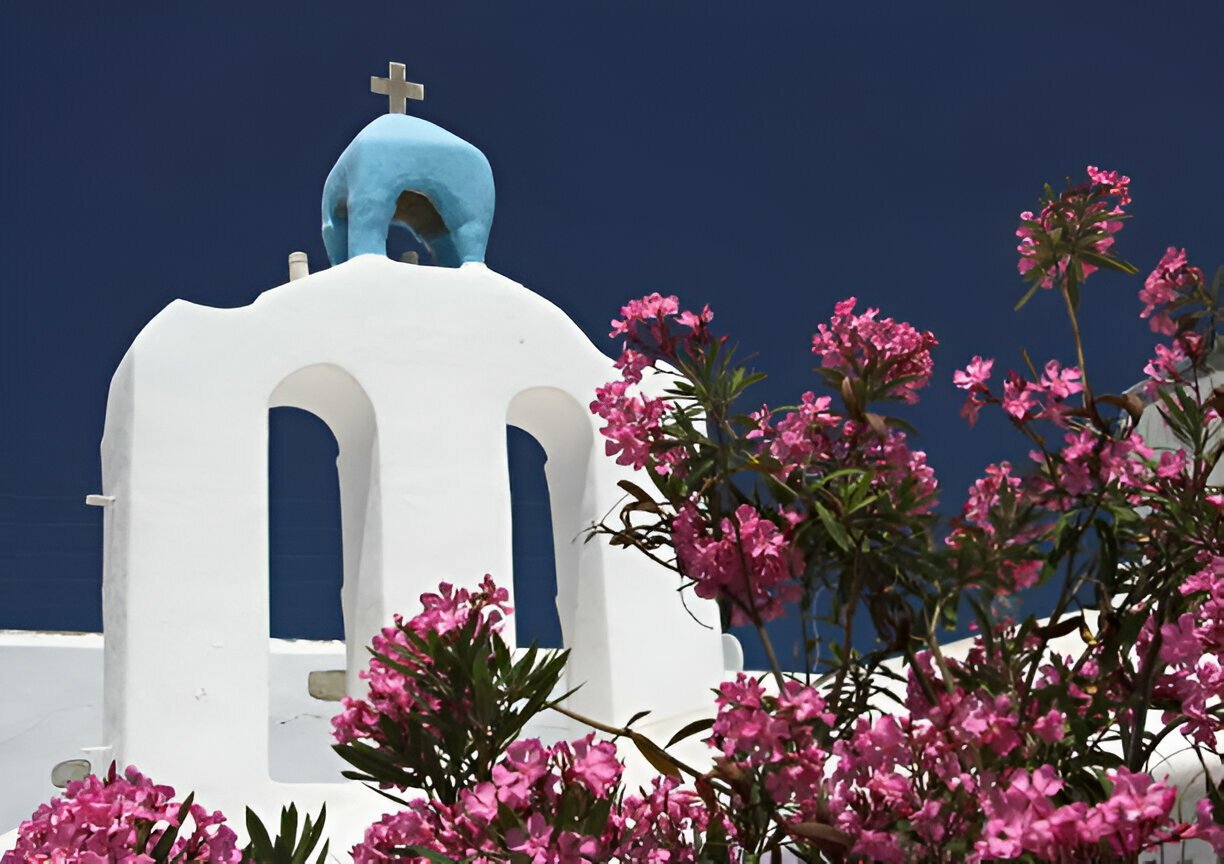 Image of a church featuring a striking blue dome and vibrant pink flowers.