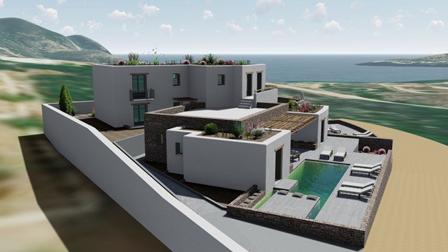 A modern villa with a pool, depicted in a 3D rendering.