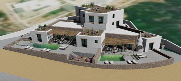 3D visualization of a contemporary home situated on a hill.